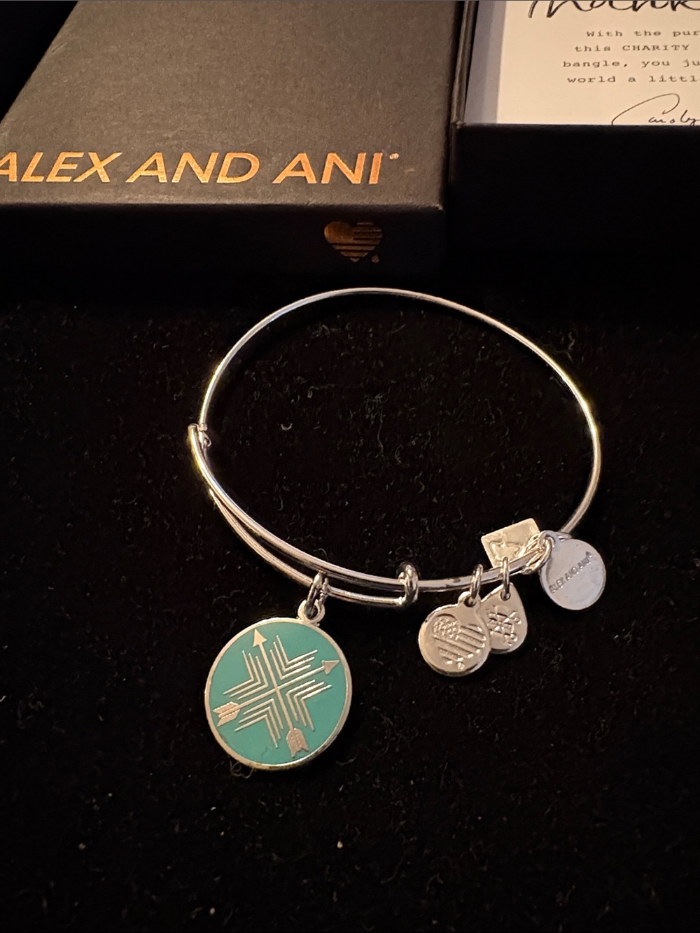 Alex and Ani Silver Bangle with Teal Starburst Charm and Logo Discs